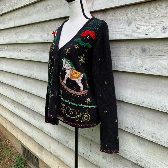 Vintage Black Beaded Felt Appliqué Crochet V-Neck Zip Front Long Sleeve Sweater - Picture 3 of 16